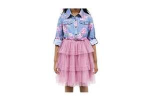 Pink & Violet Girls Floral Print Denim Bodice Tulle Tutu Dress w/ Metallic Belt